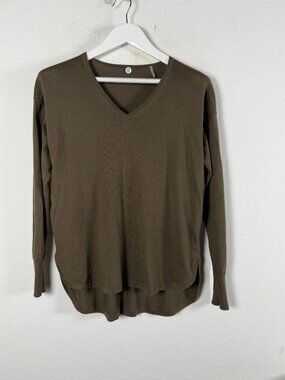 Margaret OLeary Womens Small Olive Green Cotton V-Neck Knit Pullover Sweater